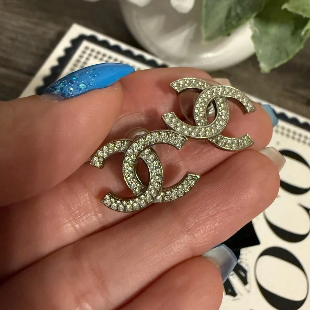 Chanel‎ Classic Silver Crystal CC Earrings